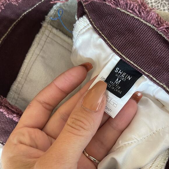 SHEIN Patchwork Burgundy White Tan Denim Distressed Hem Pants Size Medium - Picture 4 of 8